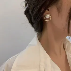 LUX-JEWEL - Imitation Pearl Earring for Women Gold Color Round Stud Earrings Korean Delicate Irregular Design Unusual 2023 Fashion Jewelry