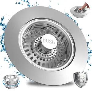 All Metal Kitchen Sink Strainer Stopper Combo - Stainless 3-in-1 Pop Up Sink Drain Strainer with Handle Rod for US Standard 3-1/2 inch Drain Filter, Anti-Clog