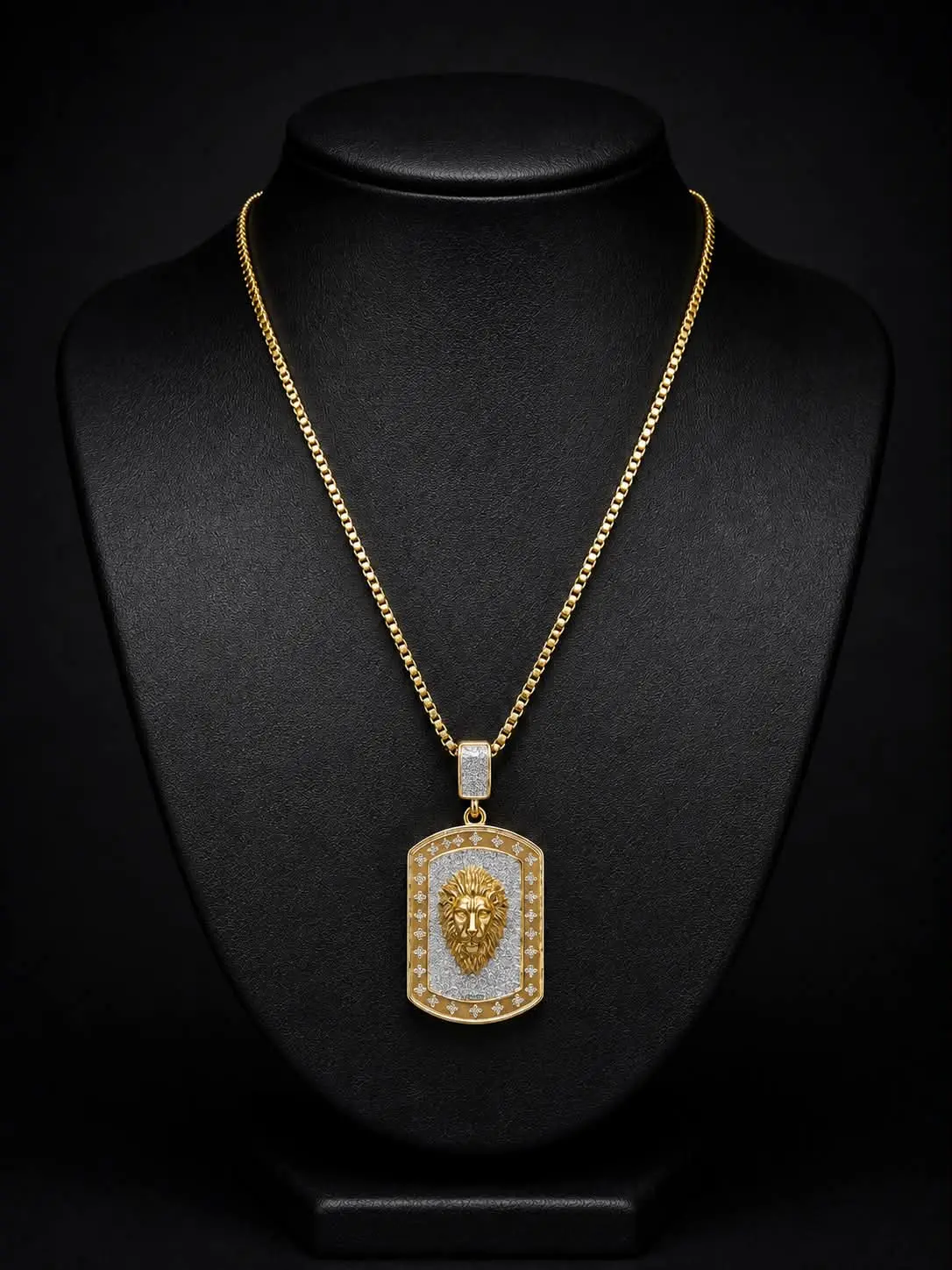 Iced 14K Gold Plated Lion Dog Tag Pendant with 30" Box Chain Necklace