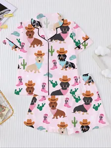 Children Western Cowboy Dog Print Pajama Set, Cartoon Short Sleeve Shorts, Loose Fit, Bow Design, Casual Home Wear for Boys and Girls, Sleepwear Pajamas