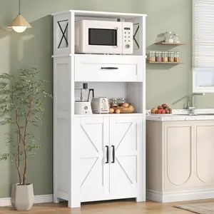 New Design 55" Farmhouse Kitchen Pantry Cabinet, 5-Tier Pantry Storage Cabinet with 2 Barn Doors and Drawer, Tall Sideboard Buffet Cupboards Storage Shelf for Home Office Use (Black 12" D x 24" W x 55" H)
