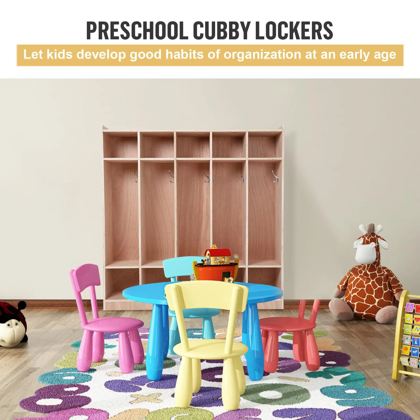 Multi-Section Child-Friendly Plywood Wood Cubby Locker - OP-5-Section Stable Kids Organizer Cabinet with 10 Cubbies, Hooks, Wheels, Storage Boxes, Anti-Tip Kit, Mobile Backpack & Shoe Shelf for Preschool, Home