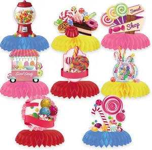 8-Piece 3D Honeycomb Candy Centerpieces - Sweet Lollipop Table Decor for Kids Birthday Party & Candy Shop Theme Decorations Ornaments -- tray bucket