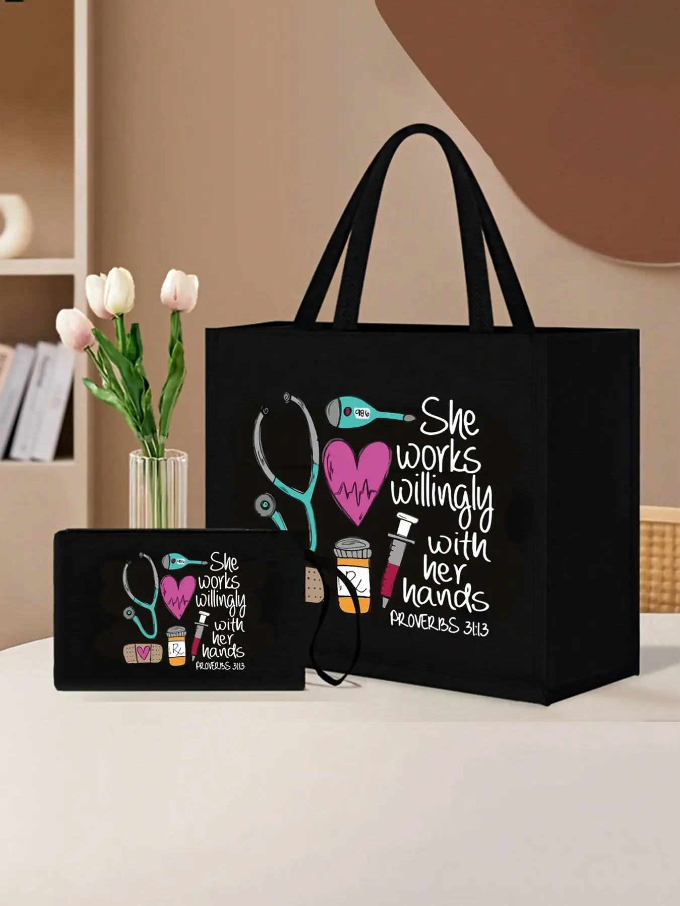 Nurse Theme Handbag and Makeup Bag Set, Cosmetic Bag, Cosmetic Storage Bag, Casual Style, Fabric Material, Fixed Shoulder Strap, Printed Stethoscope Heart Syringe Thermometer Pattern