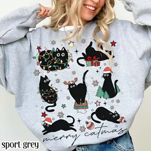 Christmas Cat Sweatshirt, Catmas Meow Christmas Tree Light Its Fine Holiday Sweater, Funny Kitty Black Cat Xmas Crewneck Festive Kitten Gift