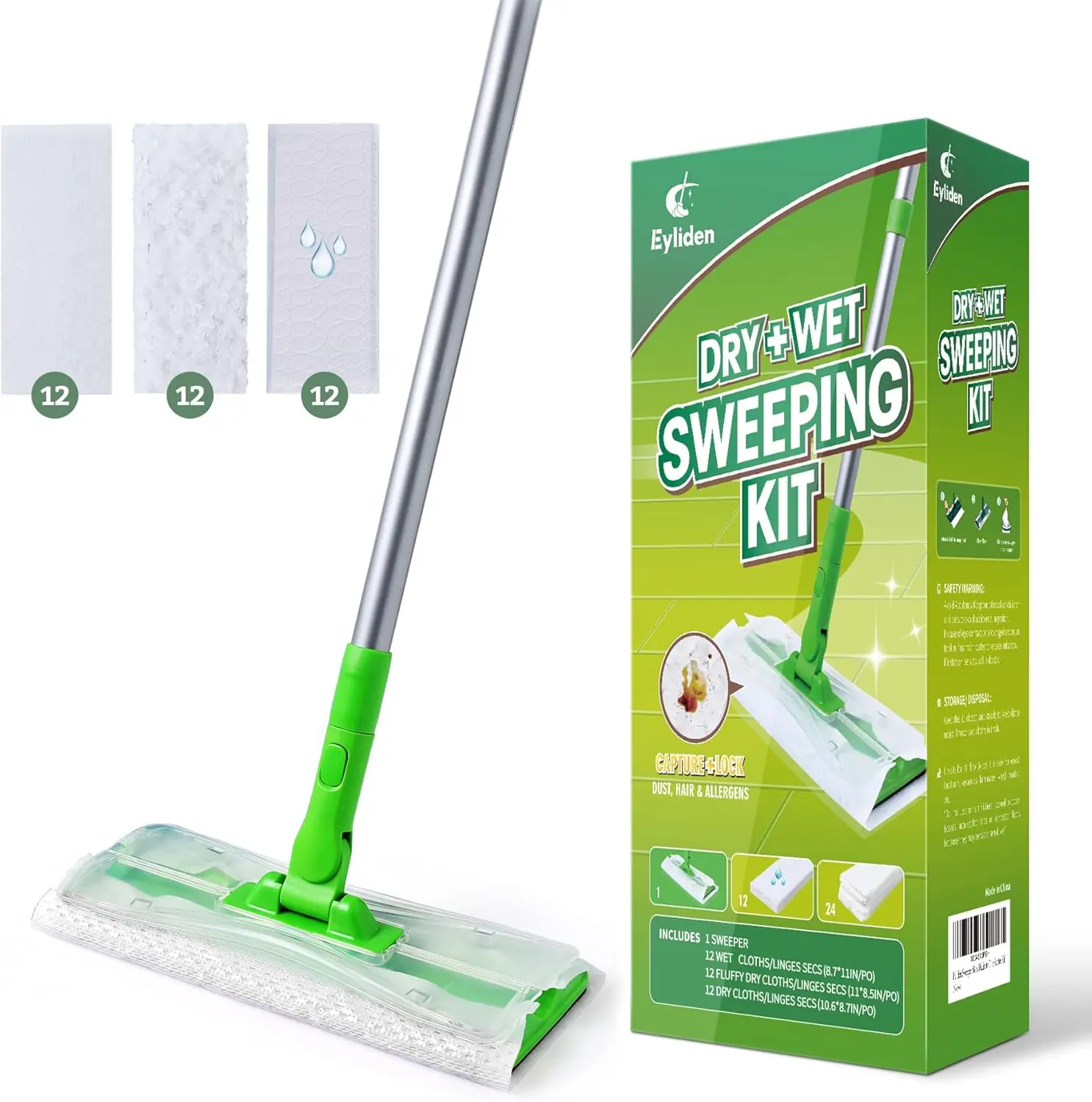 Eyliden Sweeper Mop with 36 Refills - 3 Types of Disposable Dry & Wet Cloths | Lock-Tight Design No Lost Pads, Universal Refills, Multi-Surface Sweeping Starter Kit for Pet Hair, Dust, Floor Cleaning