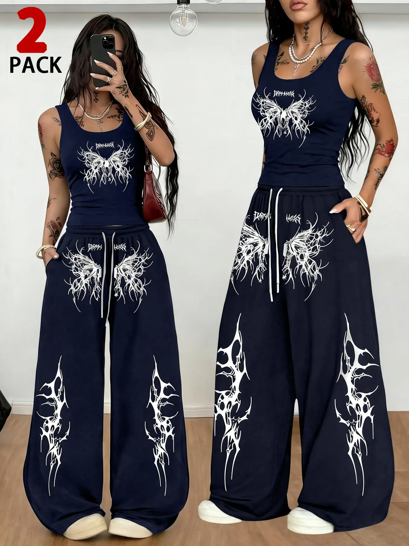 2Pack Women's Y2K Dark Butterfly & Geometric Print Sleeveless Tank Top & Wide Leg Pants Cozy Set Casual Streetwear Tracksuit For Daily