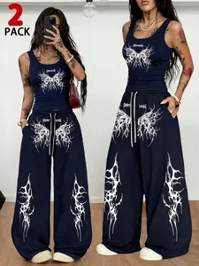 2Pack Women's Y2K Dark Butterfly Print Tank Top & Wide Leg Pants Set Casual Streetwear Tracksuit For Daily