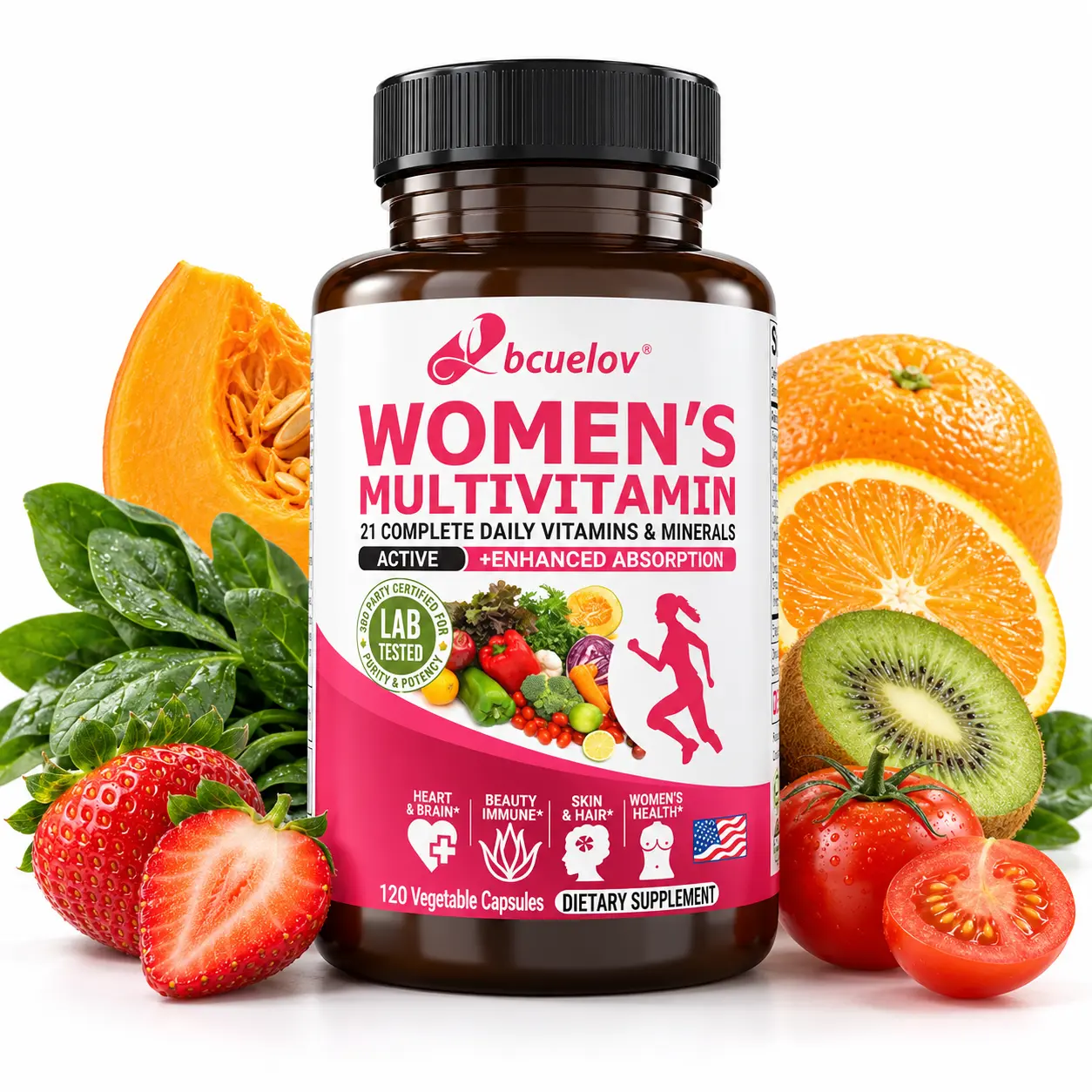 Bcuelov Women's Multivitamin Supplement Capsules - 21 Vitamins & Minerals Including Iron, Calcium, Zinc, Biotin, B Vitamins - Daily Nutrition Support - 120 Count, 60 Servings
