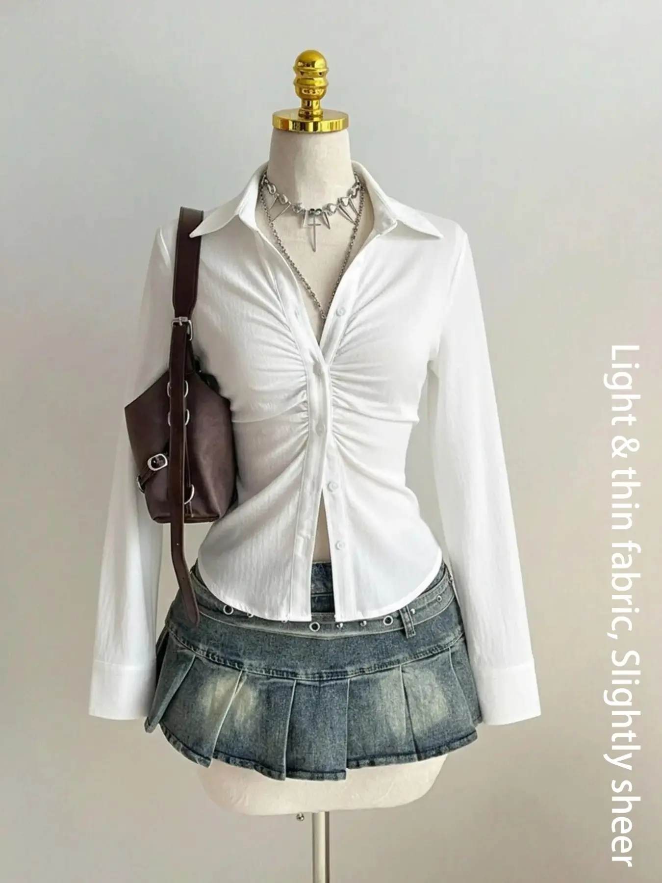 Sexy Waist-Cropped Pleated Blouse, Women's Pure Desire Style V-Neck Slim Fit Long Sleeve Open Front Top, Casual Fashion Shirt, Womenswear, Blouses Shirts Tops