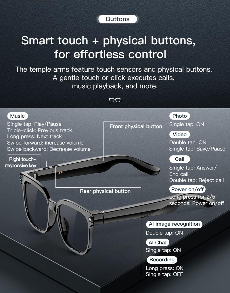 Smart AI Camera Glasses 8MP High-quality Photos Wearable Bluetooth Video Music WiFi Camera Translation AI Voice, button touch adjustment Sunglasses