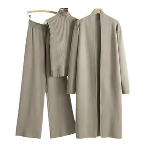 Winter New Style Lazy Temperament Knitted Suit Sleeveless Vest Sweater Cardigan Pants Three-Piece Set in Solid Camel Color for Women's Casual Wear Can be used with raincoat