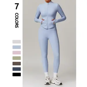 Sporty Two-piece Set Women's Thermal Lined Pocket Zip Up Jacket & Leggings Sports Set, Sports Mock Neck Thumb Hole Outerwear & Skinny Pants Set for Yoga Workout, Ladies Sportswear for Indoor Outdoor Wear, Tracksuit Set