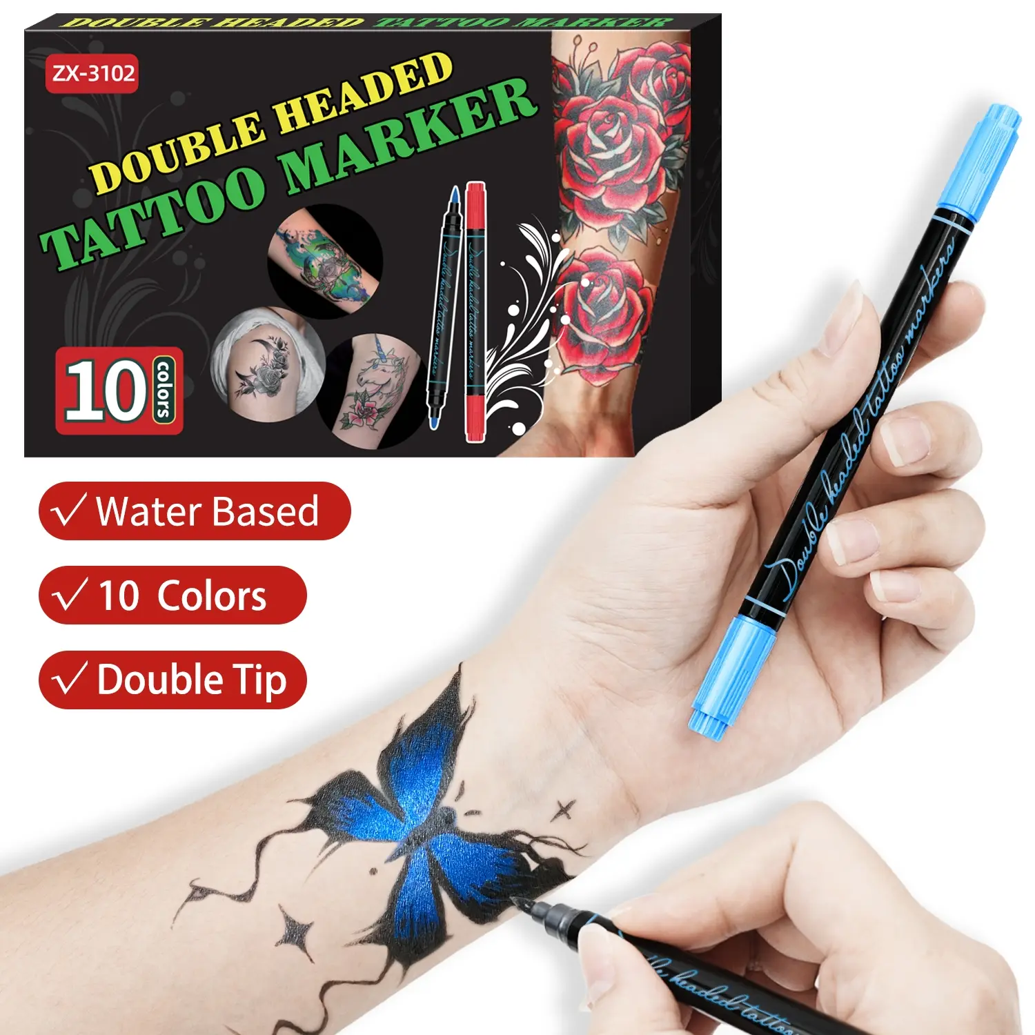デザイン Temporary Dual-Head Tattoo Pen Drawing Pen, 10 Colors, Washable
