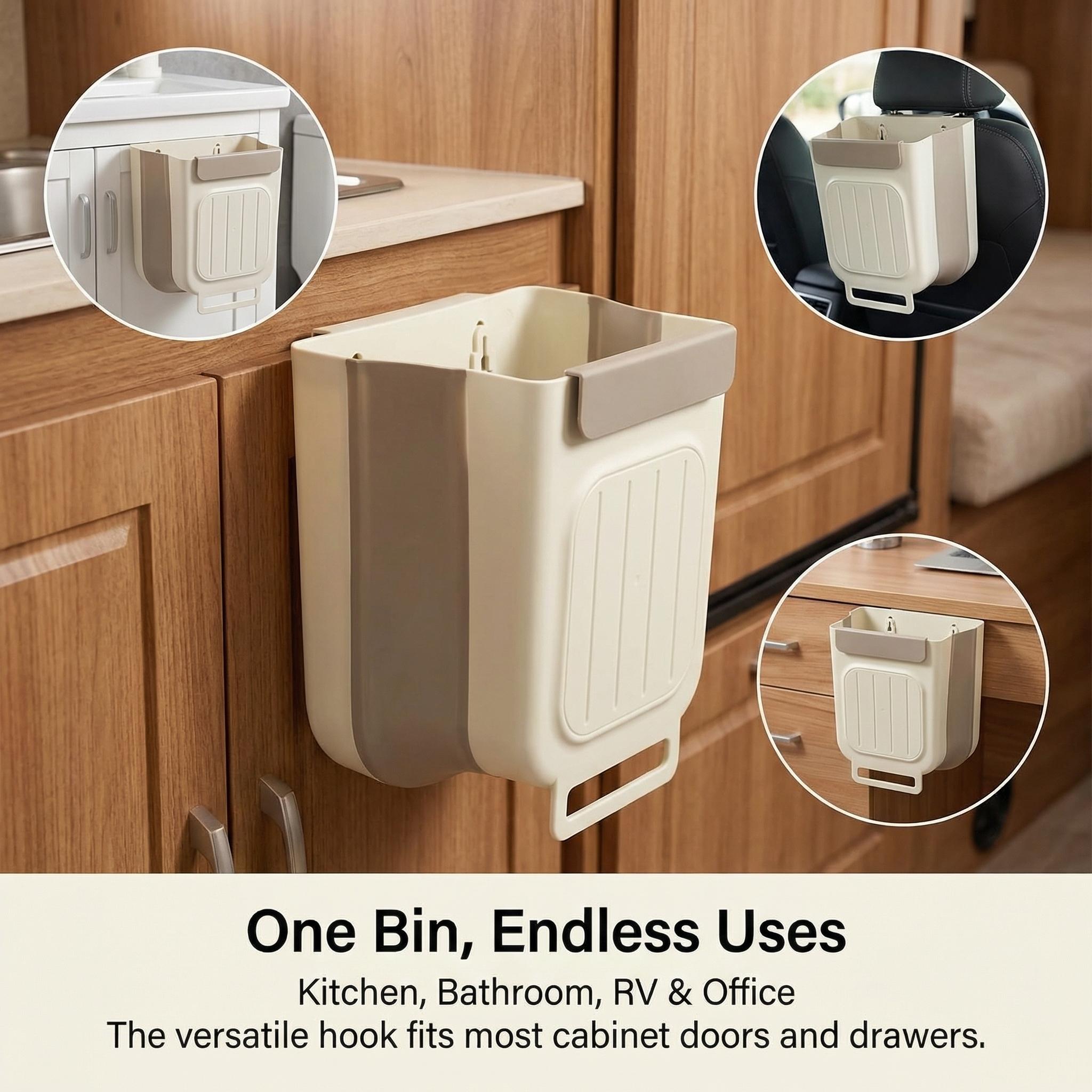 Hanging Trash Can for Kitchen Cabinet Door, 2.64 Gallon Hanging Trash Can with Space-Saving Design, Collapsible Waste Bin for Kitchen,Cabinet Door, Bathroom, RV, Car & Camping