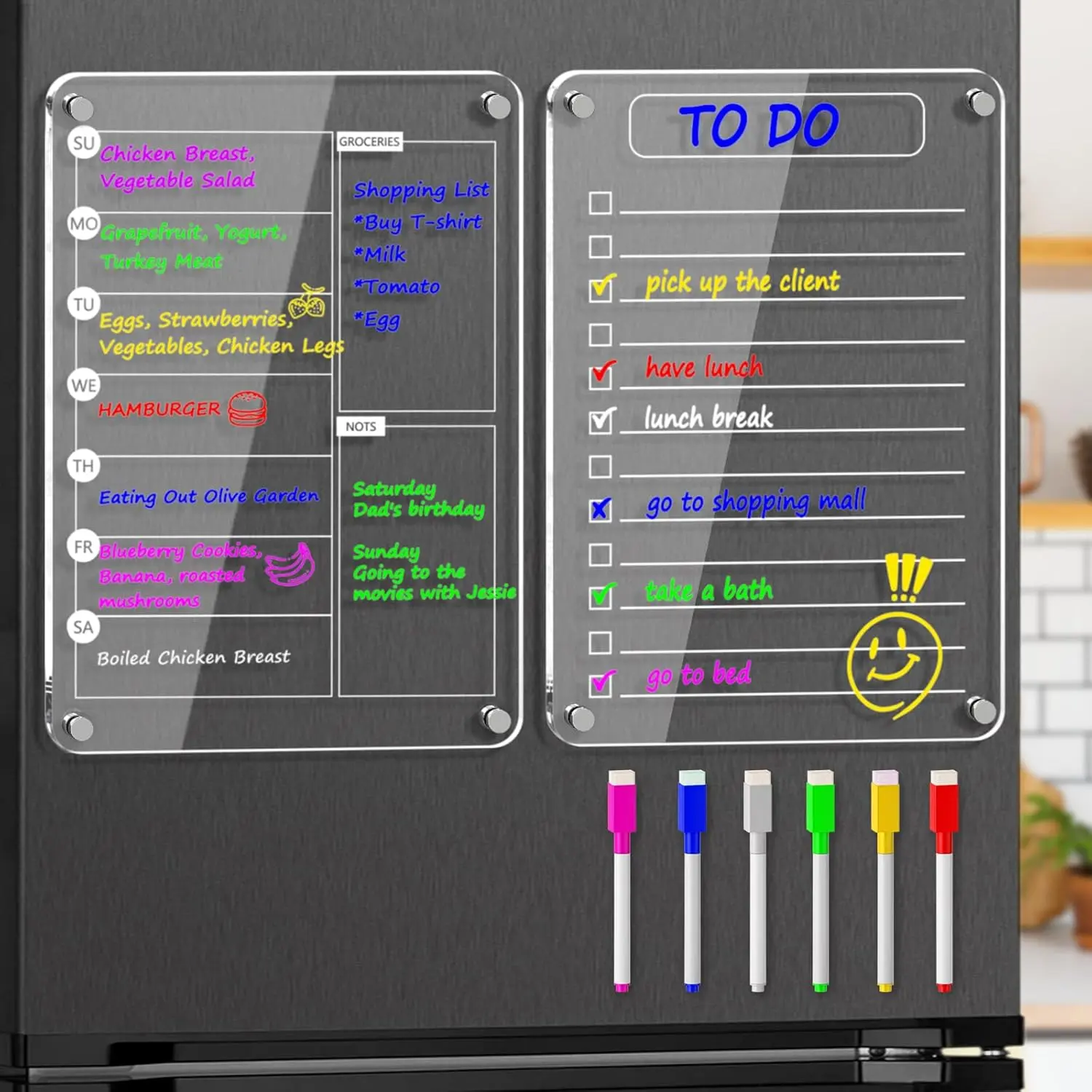 Weekly Planner and  Set for Fridge - 8"x12" Clear Dry Erase Boards with 6 Markers,  Fridge Whiteboard for Meal Planning, Chores, Office & Family Tasks