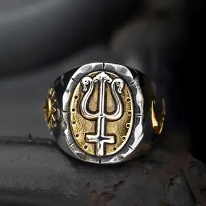 GTHIC Unisex Trident of Poseidon Petrine Cross Ring Stainless Steel Bold Jewelry for Daily Wear