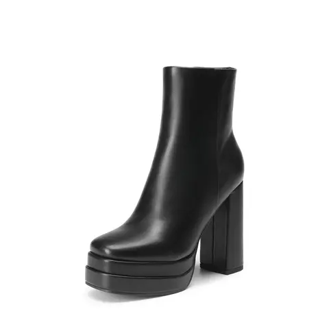 Dream Pairs Women's Y2K-Inspired Square Toe Platform Ankle Boots - Cuban Chunky Heel Style, Flared Leather, Side Zipper Convenient Design, Casual Footwear, Comfortable Platform Heels