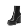 Dream Pairs Women's Y2K-Inspired Square Toe Platform Ankle Boots - Cuban Chunky Heel Style, Flared Leather, Side Zipper Convenient Design, Casual Footwear, Comfortable Platform Heels