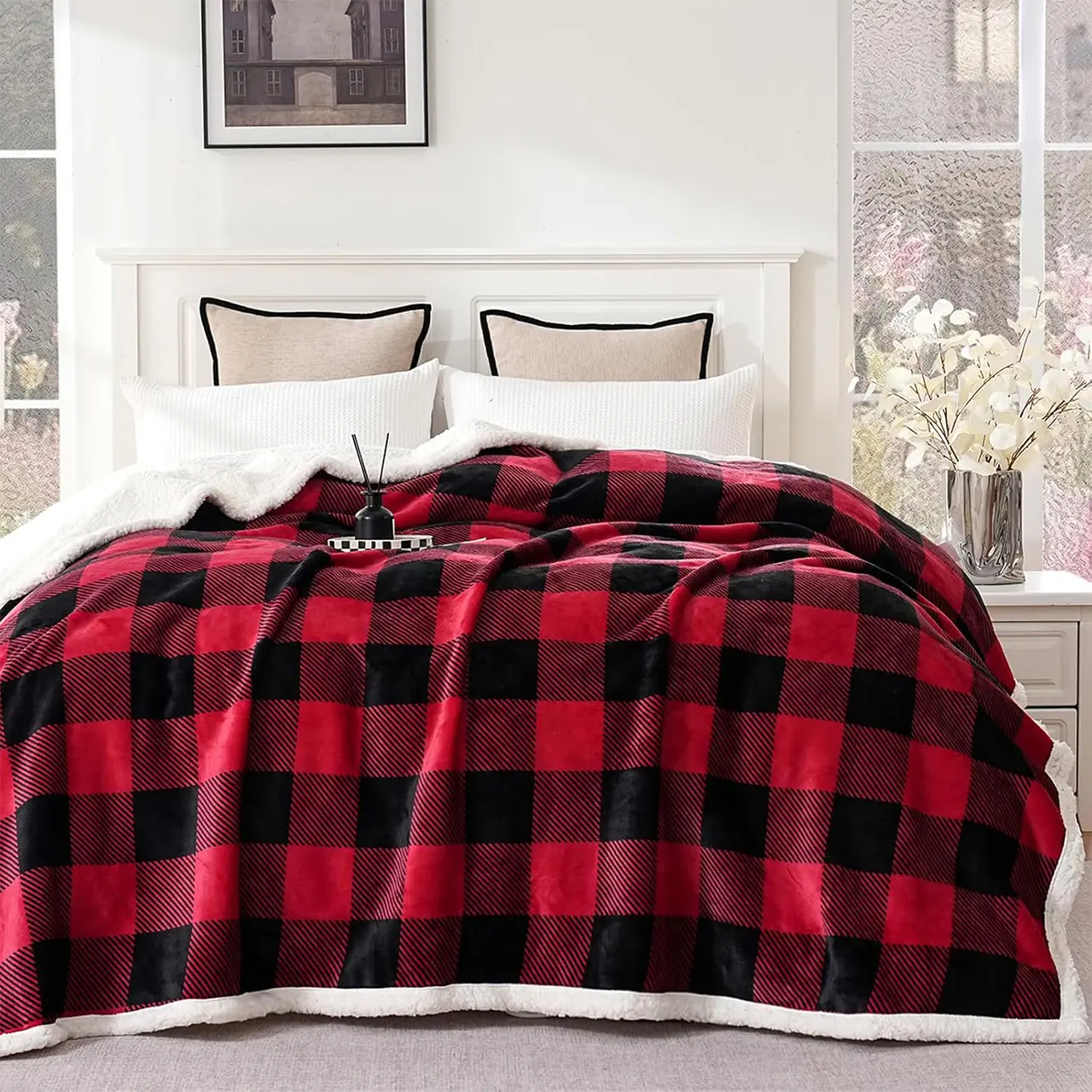 【backtoschool】ROSEKIND Black&Red Checkered Print Fluffy Soft Throw Blanket - Cozy Aesthetic Wrinkle Resistant Cooling Knit, Machine Washable, Ideal for Sofa/Bed, Perfect Gift for Lovers, Decorative Lightweight, Couple