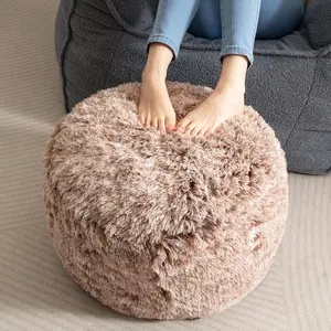 Round Stuffed Pouf Ottoman, Long Faux Fur Poufs with Foam Chunk Filling, Fluffy and Furry Pouf Foot Stool Storage Ottoman, 20 X 15 Floor Poufs Foot Rest for Living Room, Snow Coffee