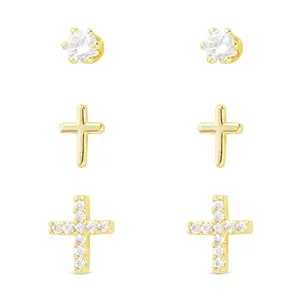 Gold Cross Stud Earrings - Trio Design, Cross Charm, Diamond-Studded, Rhinestone Accents, Cross Charm Earrings, Diamond-Studded Cross Earrings