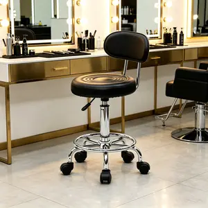 Black Round Adjustable Salon Stool with Backrest, Stitched Detailing, Sit-Down Salon Furniture