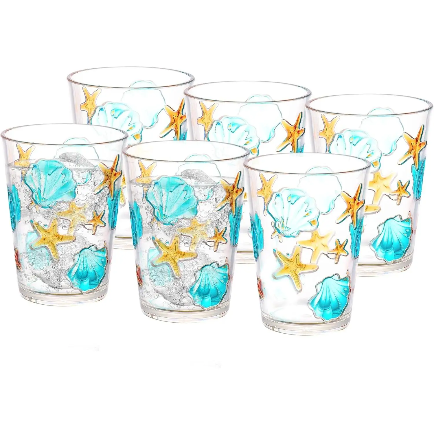 - HAWAII series- 15.2 ounce, Set of 6, Sea World  Drinking Glasses, Shatter-proof Tumblers, , Stackable Plastic Drinkware, Dishwasher Safe Cups, Clear with 2-color printing