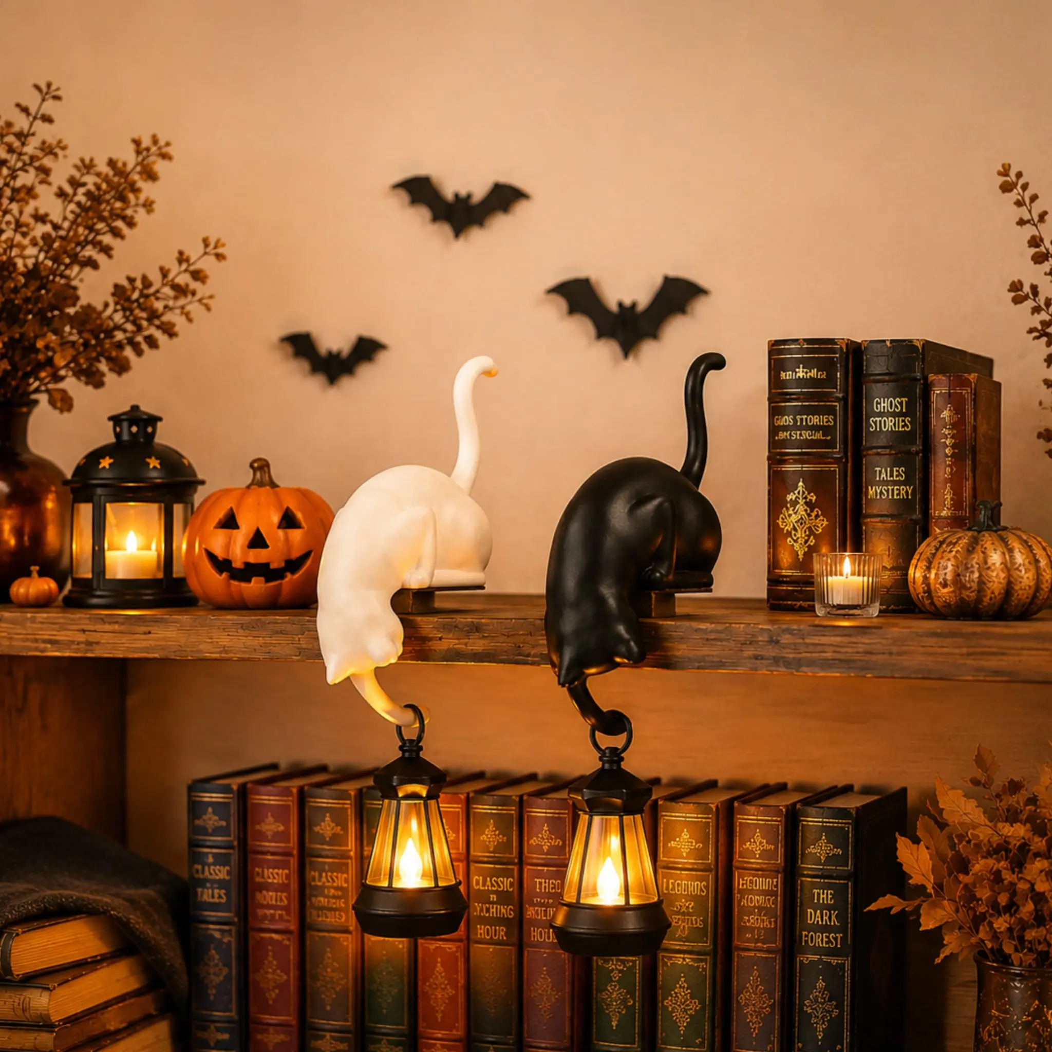 Halloween Ghost Cat Hanging Lantern, Black & White Cat Pumpkin Decor, Spooky Indoor Outdoor Halloween Decoration, Haunted House Party Decor