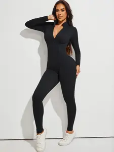Women's Fashion Basic Sexy Ribbed High Waist Fitted Jumpsuit, Tight Long Sleeve V-Neck Zipper Full Body Bodysuit, Stylish and Comfortable One-Piece