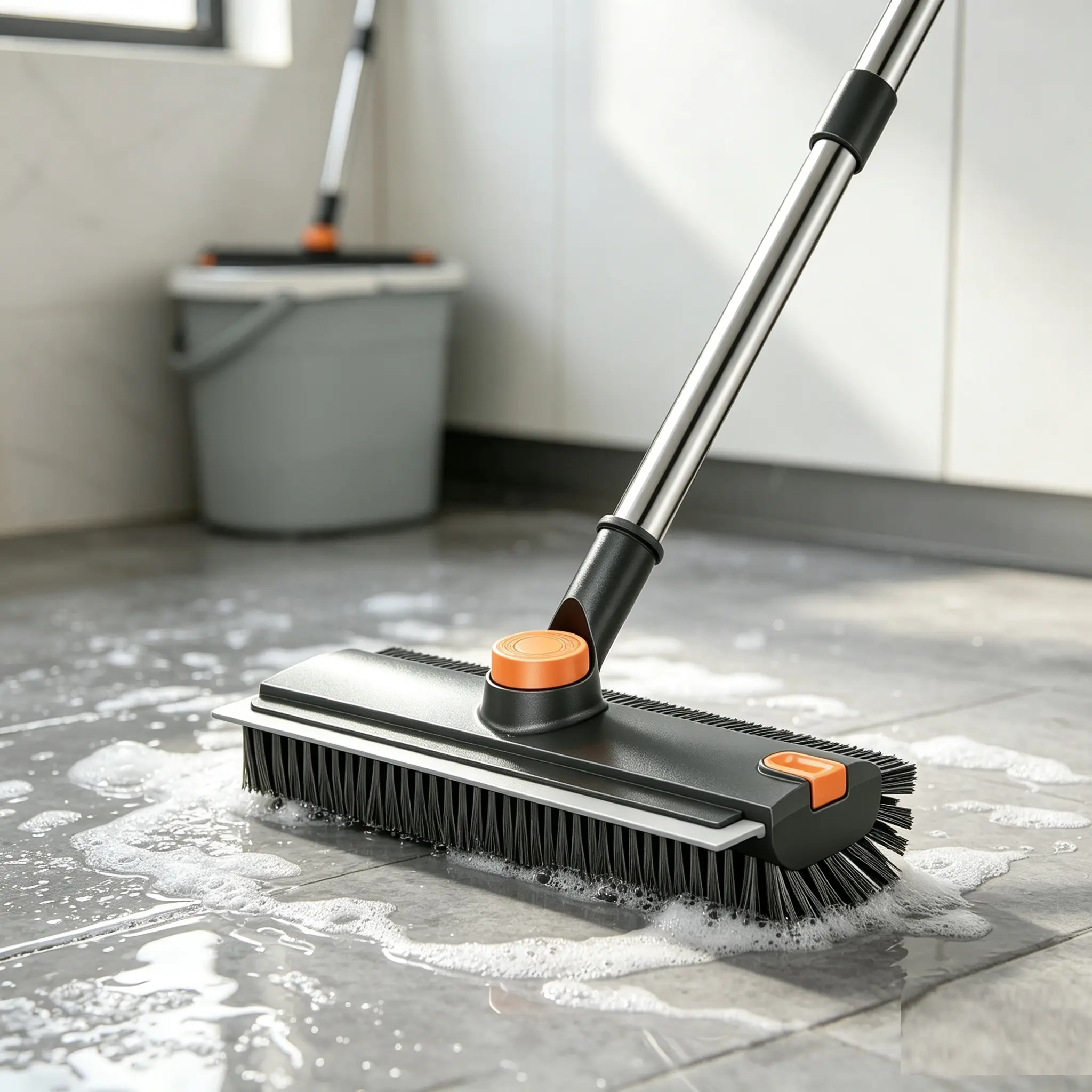 3 in 1 Heavy-Duty Floor Scrub Brush with Extendable Long Handle | 360° Rotatable Stiff Bristle Cleaning Brush, Built-in Squeegee & Scraper, Multi-Surface Cleaner for Bathroom, Kitchen, Tile, Wall, Garage, Deck, Patio & Concrete.bathroom cleaning