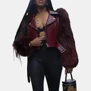 Women’s patchwork faux fur jacket in burgundy with an imitation crocodile pattern, featuring zippered sleeves and a casual motorcycle style. Suitable for all seasons, it offers a fashionable and luxurious look—faux tops/coats, womenswear.