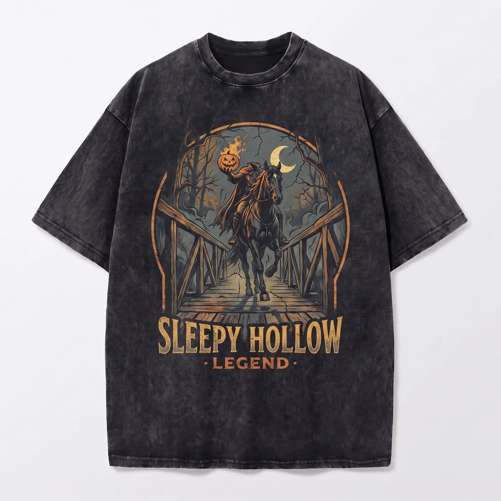 Sleepy Hollow Legend Headless Horseman Washed T-Shirt, Halloween Pumpkin Rider Graphic Tee, Vintage Gothic Horror Shirt, Unisex 230g Cotton Tee