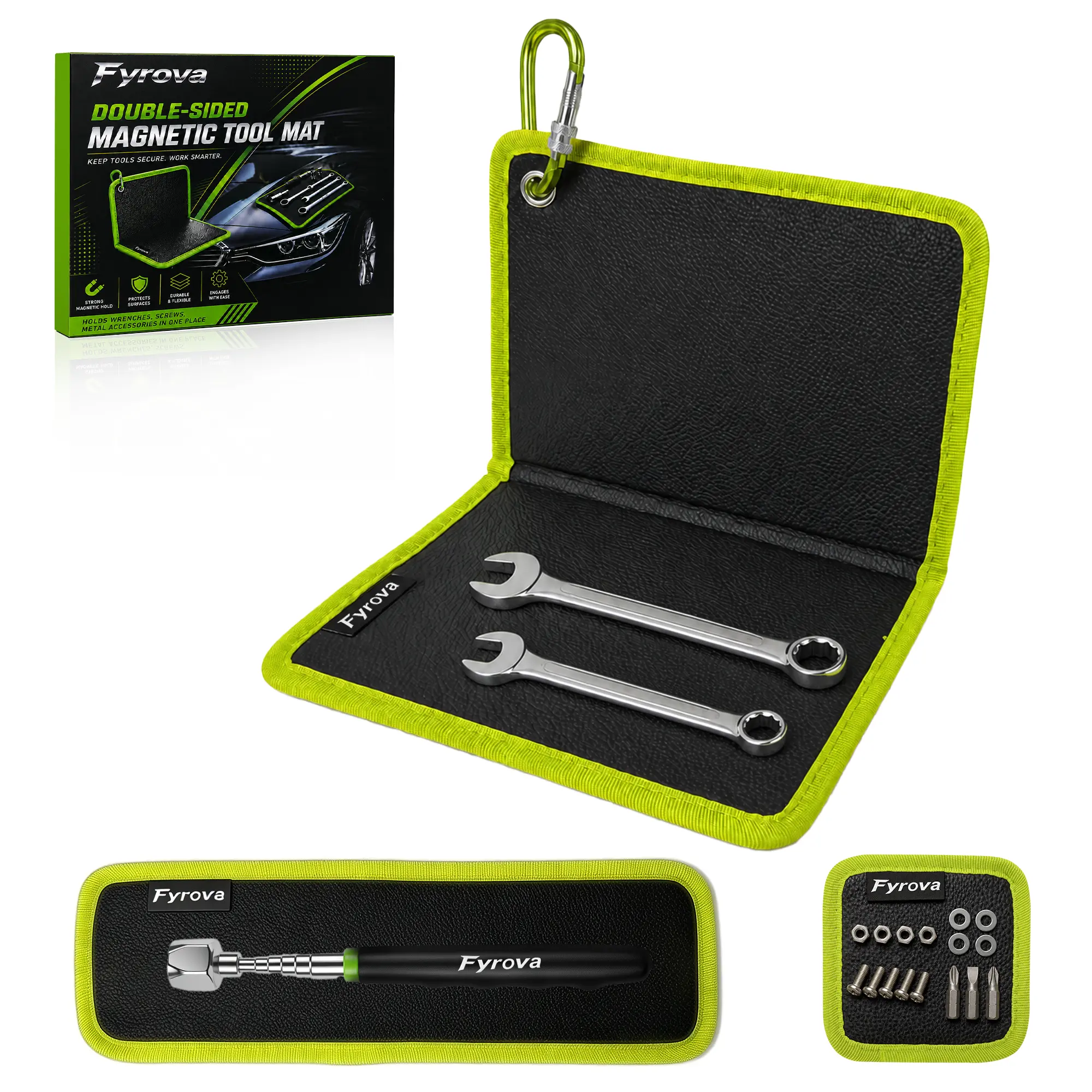 3-Piece Folding Double-Sided Magnetic Tool Mat Set with 25LB Telescoping Magnetic Pickup Tool for Garage, Workshop & Auto Repair