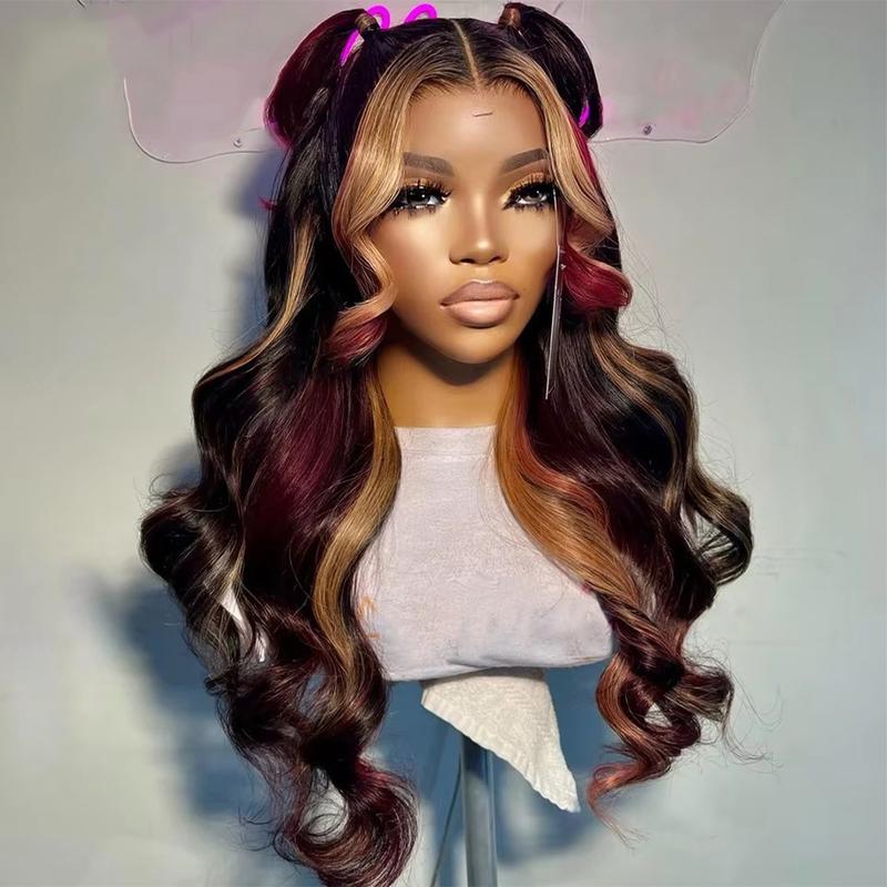 Black Red Blonde Highlight Wig Human Hair Body Wave Skunk Stripe Human Hair Wig 180% Density Blonde Red Highlights 13X4 HD Lace Front Glueless Balayage Wigs Human Hair Pre Plucked for Women