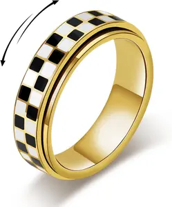 Unisex Black White Checkered Spinner Ring, Stainless Steel Rotating Band Ring, Anxiety Stress Relief Fashion Jewelry Gift for Adults Men Women