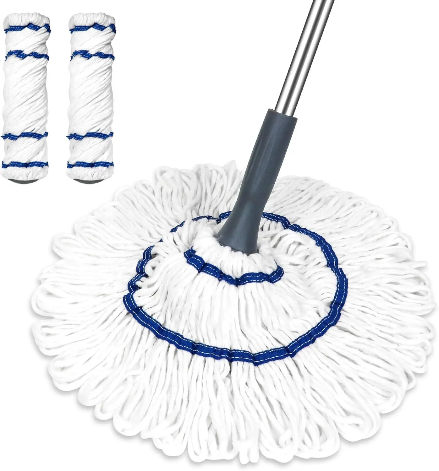 Self-Wringing Twist Mop Cotton Rotating Dry & Wet Mops with 2 Reusable Heads for Floor Cleaning, Kitchen, Bathroom, Hardwood, Vinyl Tile, Laminate, Household, Office (White Style 2)