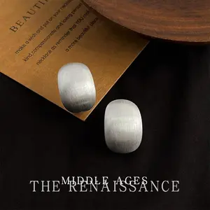 Vintage Mid-Age Style Niche Oval Brushed Silver Earrings Collection Minimalist Studs High-End Earrings for Everyday Wear by THE RENAISSANCE