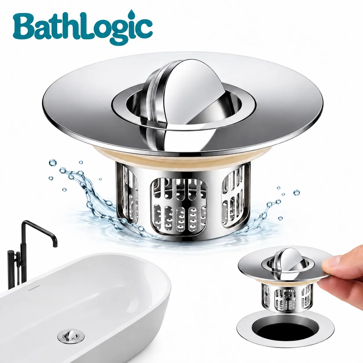 BathLogic  Steel Bathtub Drain Stopper with Built-In Hair Strainer, Flip-Top Tub Drain Plug for Easy Water Control, Tool-Free Installation, Removable & Easy to Clean, Includes Spare Strainer Basket, Fits 1.4–2.6 Inch Drain Openings