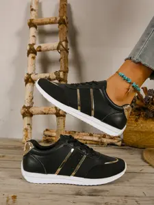 Women's New Metal Style Casual Sneakers, Leather Upper, Lace-Up Design, Flat Walking Shoes, Fashion Versatile Loafers, All-Season Comfort