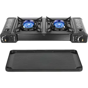 Dual-burner portable barbecue grill with baking tray and storage case, butane camping stove set suitable for RVs, apartments, and outdoor activities.