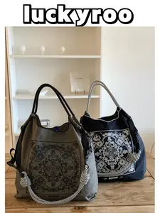 New Women's Boho Bohemian Embroidered Tote Bag, Nylon Fashionable Shopping Bag, Lightweight Foldable, Suitable for Shopping and Commuting