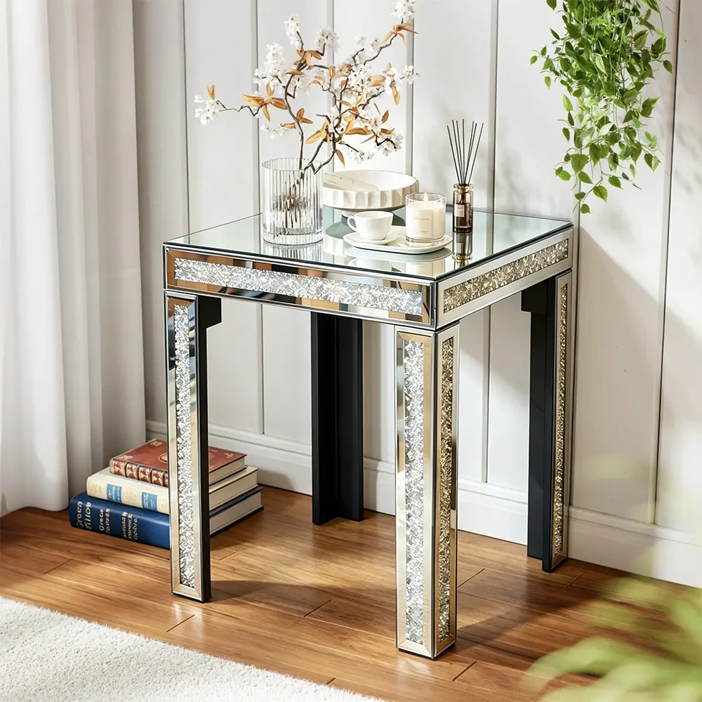 15.75-inch square tabletop with mirrored edges, rhinestone-decorated edges, mirrored glass surface, silver coffee table, suitable for living rooms, bedrooms, corners, or for displaying floral arrangements