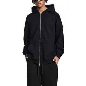 Kored Contrast Tape Raw Edge Double Layered Zip Hoodie - Black Version - FREE SHIPPING FOR SUBSCRIBERS