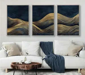 Navy Blue Golden Waves Abstract Wall Art, Set of 3, Navy and Gold, Ocean Wave Shapes Art, Geometric Hallway Print, Living Room Wall Decor