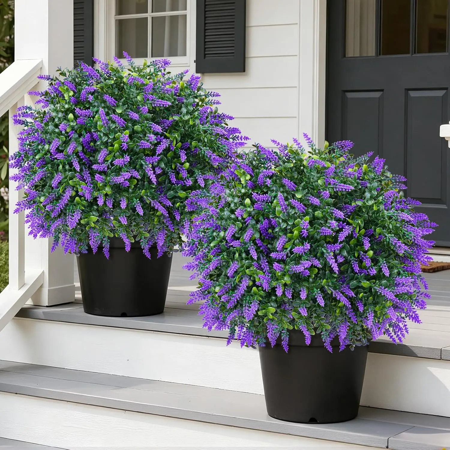 Artificial Set of 2 UV Resistant Boxwood Topiary Ball with Lavender | Fake Bushes with Ground Spike, Realistic Fake Plant, Faux Greenery Flower, Low-Maintenance, Porch Outdoor Indoor Decor，  outdoor artificial flowers