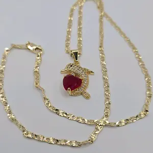 DOLPHIN RED WITH HEART gold plated necklace ceae stones fashion style perfect giftl