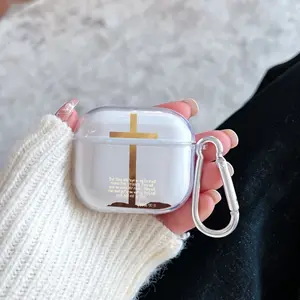 Golden Cross Hope Pattern Protective Case for AirPods 4/3/2/1/Pro/Pro2 Soft TPU Earphone Cover, Transparent with Keychain