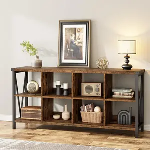 【GARVEE】8-Cube Bookshelf, 62" Long 3 Tier Console Table, Industrial Storage Bookcase, Freestanding Open Book Shelves for Bedroom Living Room Office(Brown)