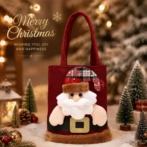 High Quality Linen Cloth 3D Santa Figurine Reusable Candy Treat Bags with Handles, 37x20cm (14.57x7.87inch) Christmas Home Decoration Gift Packs, Festive Party Favor Sacks for All Ages, Bars